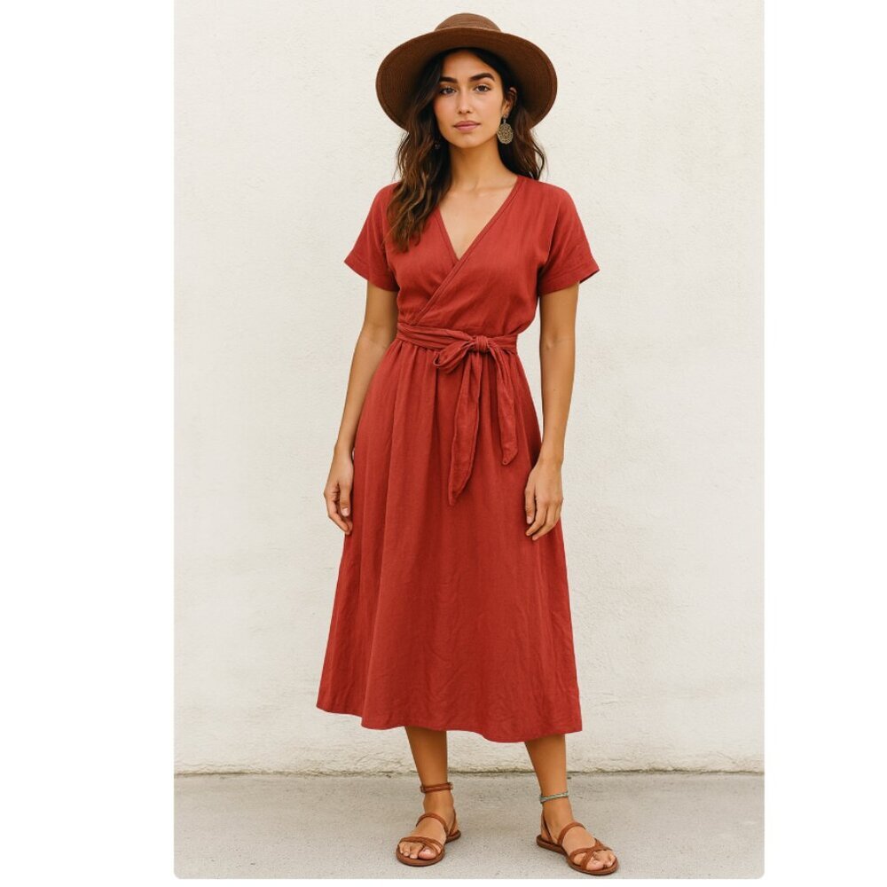 Indi & Cold Linen Blend Midi Wrap Dress Rust